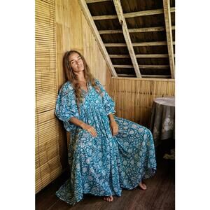 Daughters of India Kyra Hand Blocked A-Lined Midi Sundress Ocean Blue Women's XL